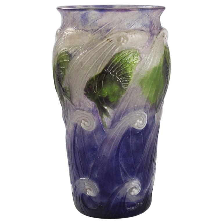  Gabriel Argy-Rousseau "Poissons Dans Les Vagues" Pâte de Verre Glass Vase 