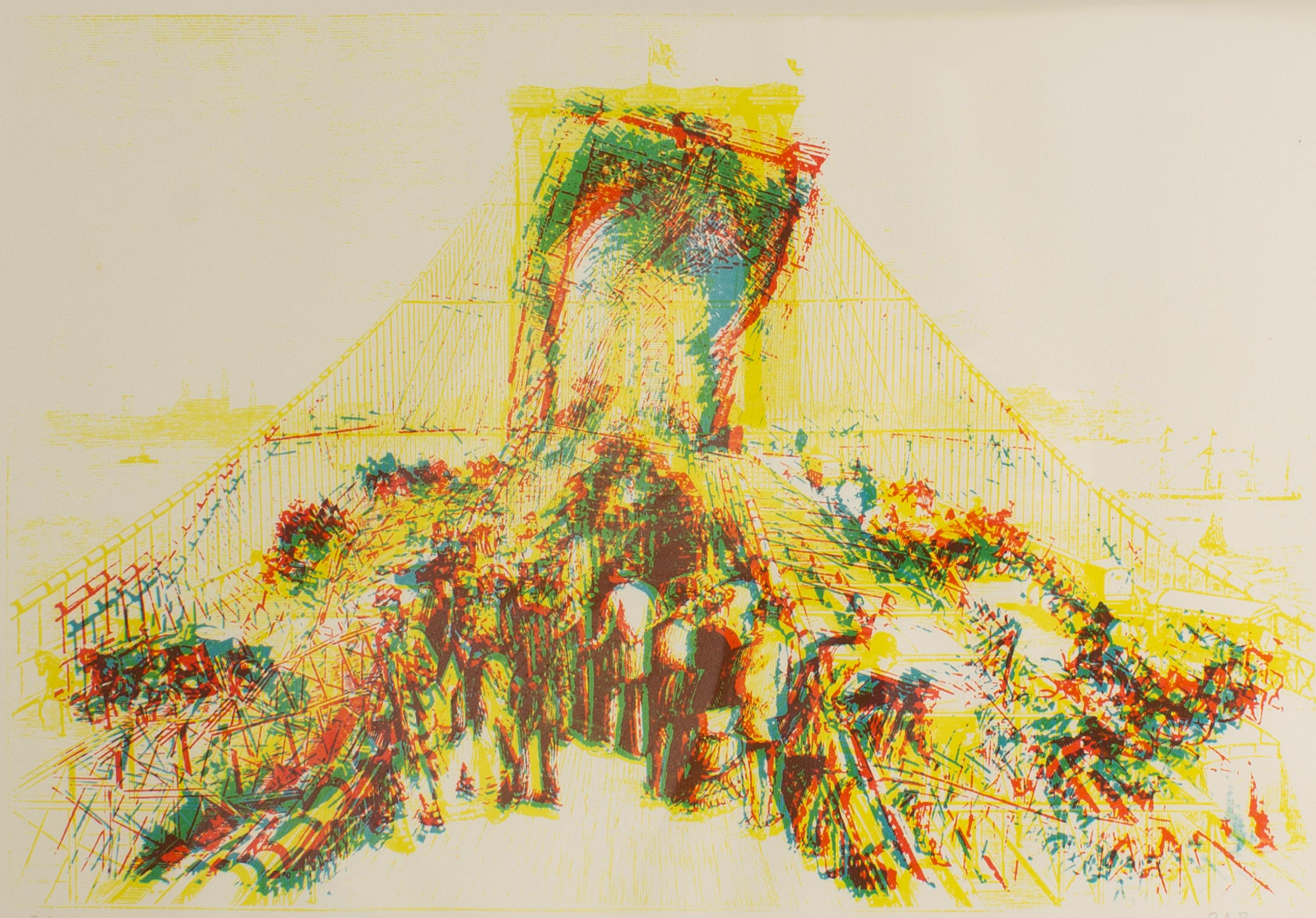 Una serigrafia raffigurante il ponte di Brooklyn della serie Cinetization X dell'artista belga Pol Bury (1922-2005). Pubblicato nel 1966 dalla Lefebre Gallery di New York, Cinetization X includeva dieci serigrafie di Bury che ritraevano famosi punti