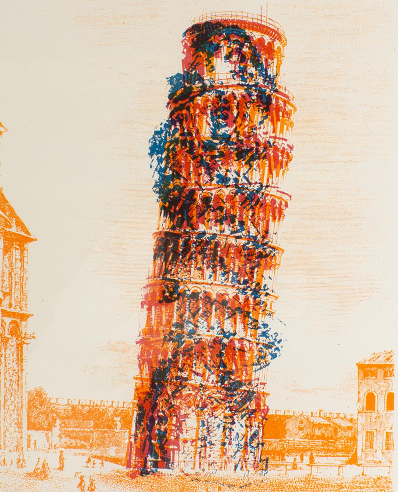 A serigraph depicting the Leaning Tower of Pisa from the Cinetization X series by Belgian artist Pol Bury (1922-2005). Published in 1966 by Lefebre Gallery in New York, Cinetization X included ten serigraph images by Bury depicting famous landmarks.