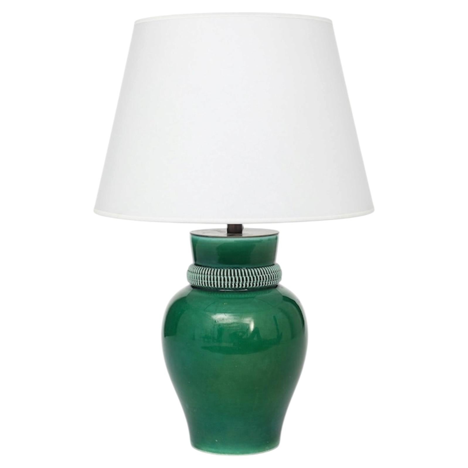 Pol Chambost Green Glazed Ceramic Lamp, 1930's, signed ‘Made In France'