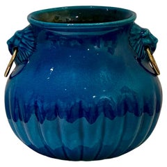 Vase en céramique bleue « Têtes de lions » de Pol Chambost des années 1960