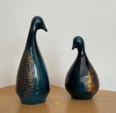 Paire d'oiseaux en céramique bleue et dorée Pol Chambost des années 1970