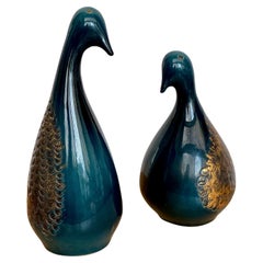 Vintage Pol Chambost 1970's Pair of blue and golden ceramic Birds