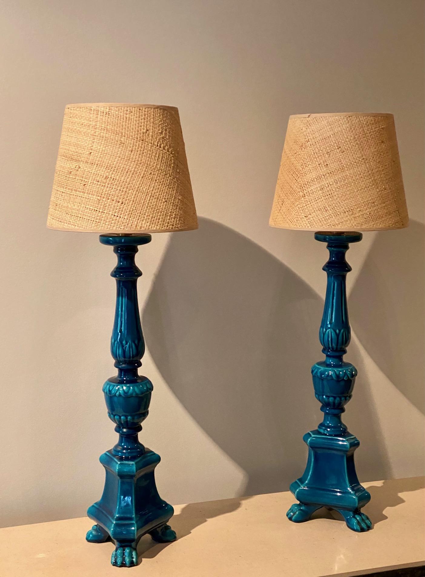 1970's Ceramic lamp bases, blue enamel stoneware with rattan shades (new)
The pair is signed by the French ceramicist Pol Chambost (1906-1983)
The height dimension for the ceramic solely is H 55 cm (and H 75 cm with shades)

Note to international