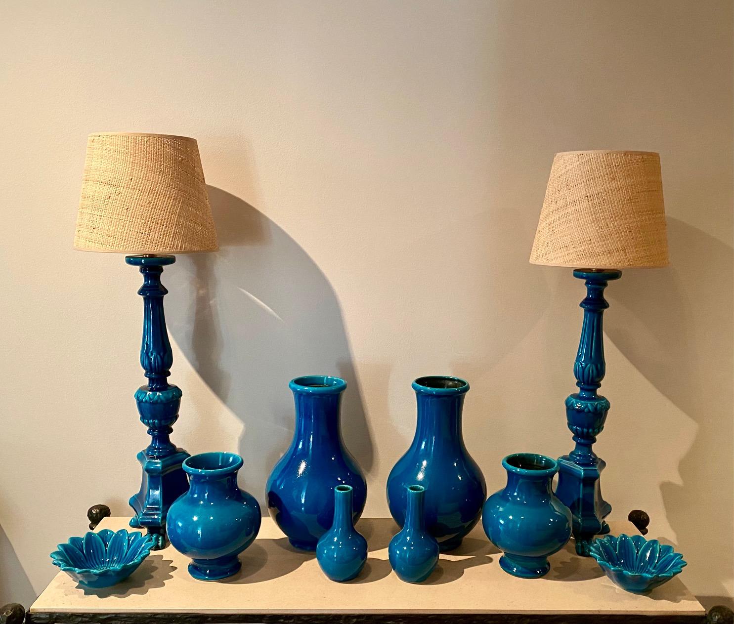 Pol Chambost 1970's Pair of Blue Ceramic lamps 3