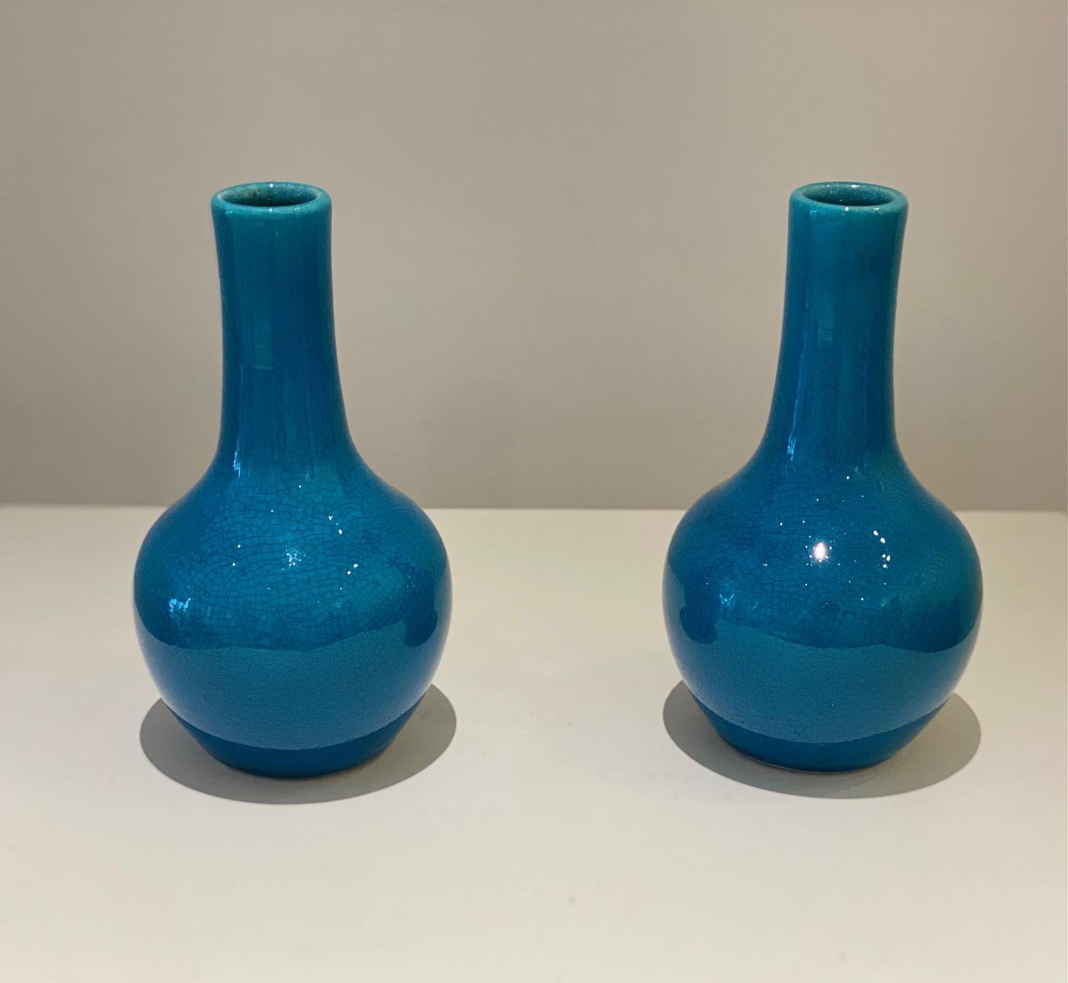 1970's Ceramic pair of vases in blue enamel stoneware and 