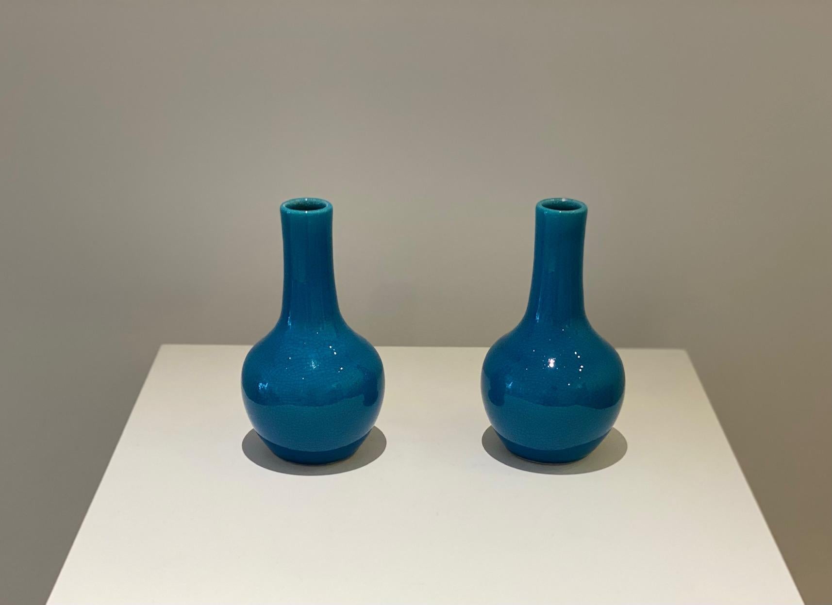 French Pol Chambost 1970's Pair of Blue Ceramic Small Vases For Sale