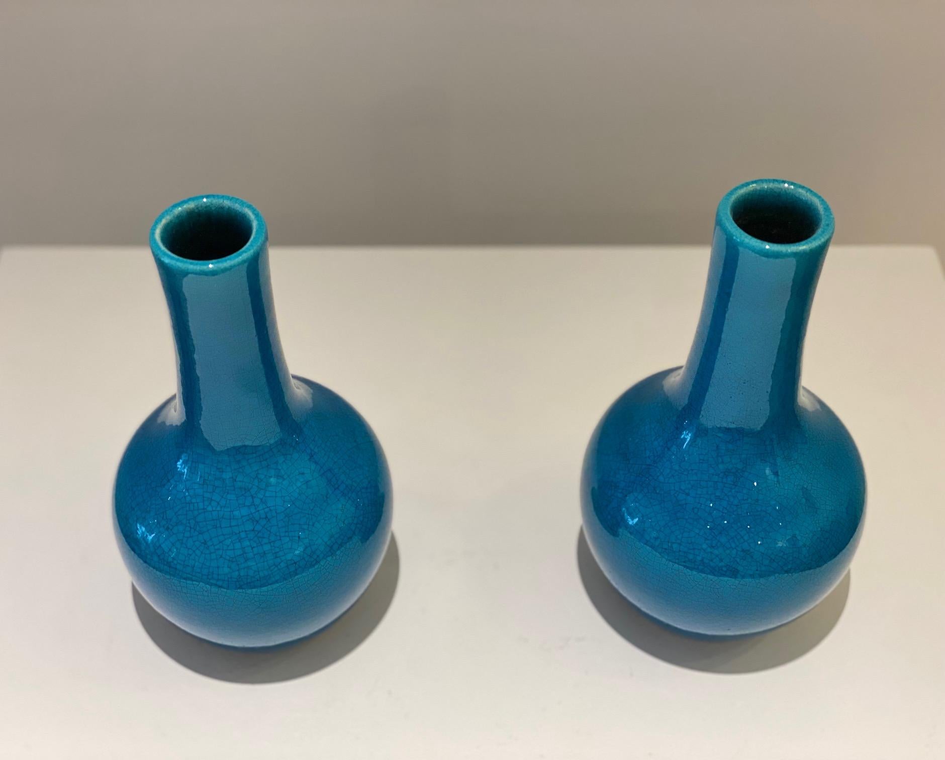 Pol Chambost 1970's Pair of Blue Ceramic Small Vases In Good Condition For Sale In Paris, FR
