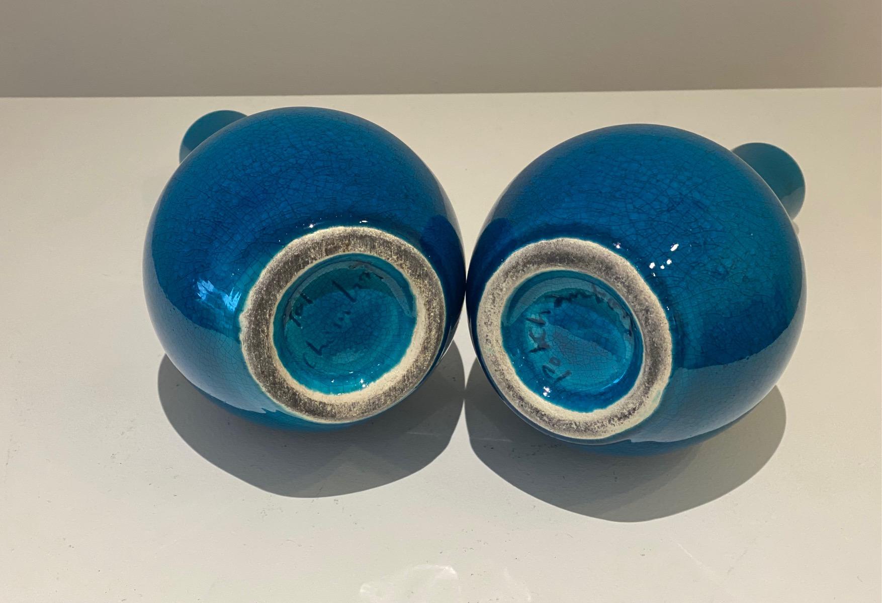 Late 20th Century Pol Chambost 1970's Pair of Blue Ceramic Small Vases For Sale