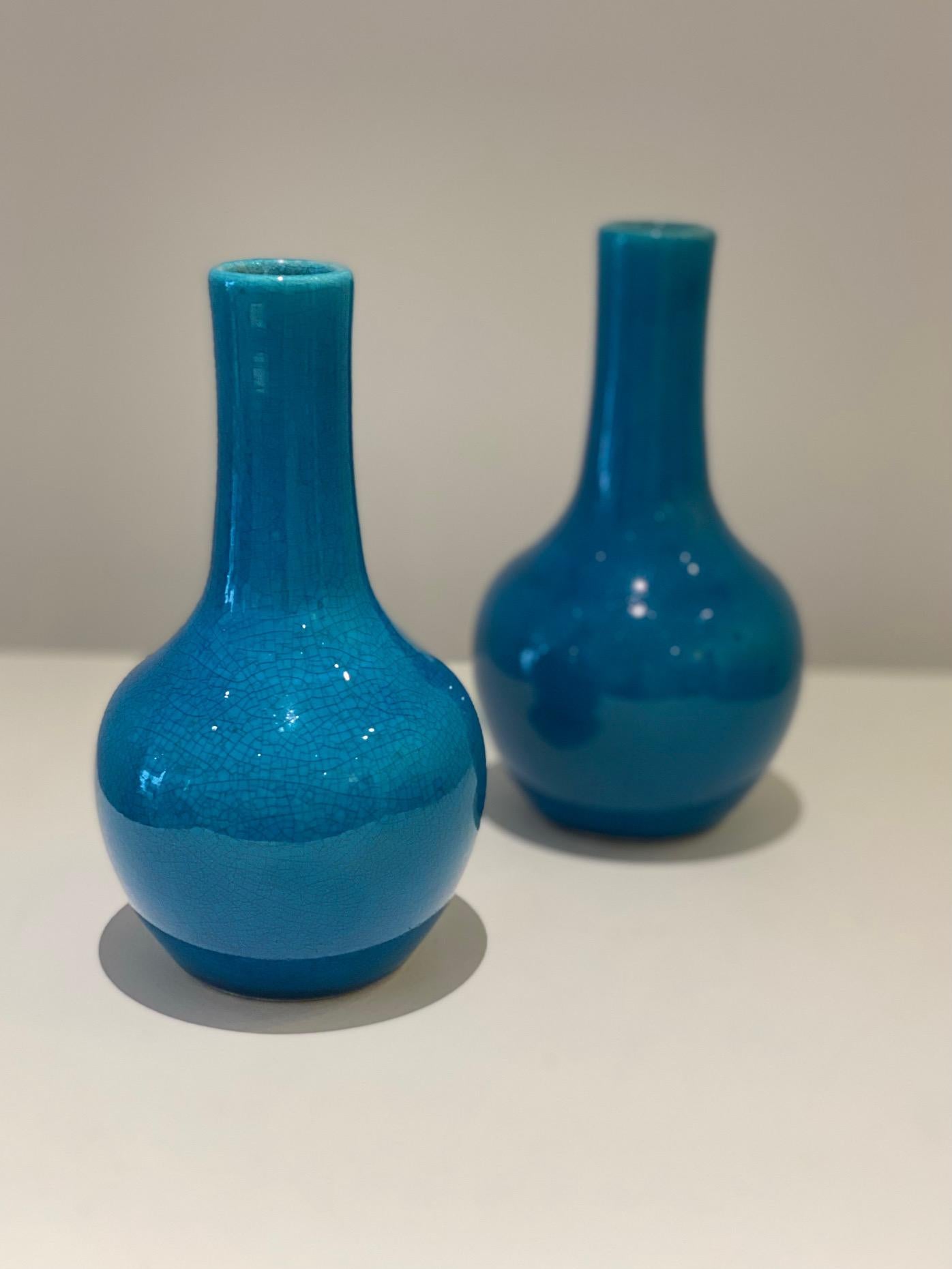 Pol Chambost 1970's Pair of Blue Ceramic Small Vases For Sale 1