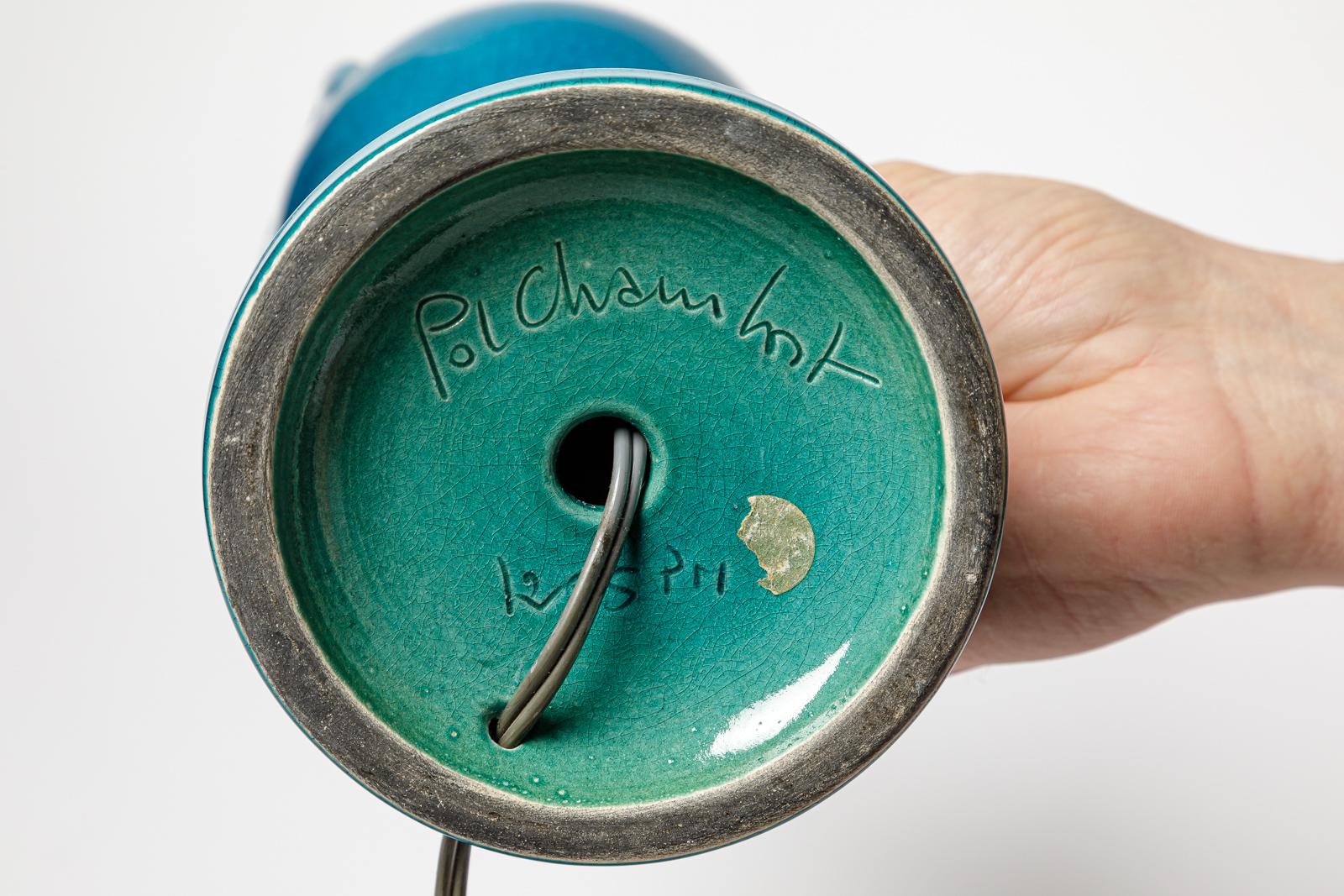 Céramique Pol Chambost 20TH CENTURY DESIGN lampe à poser en céramique médicis bleue 1960 37 cm en vente