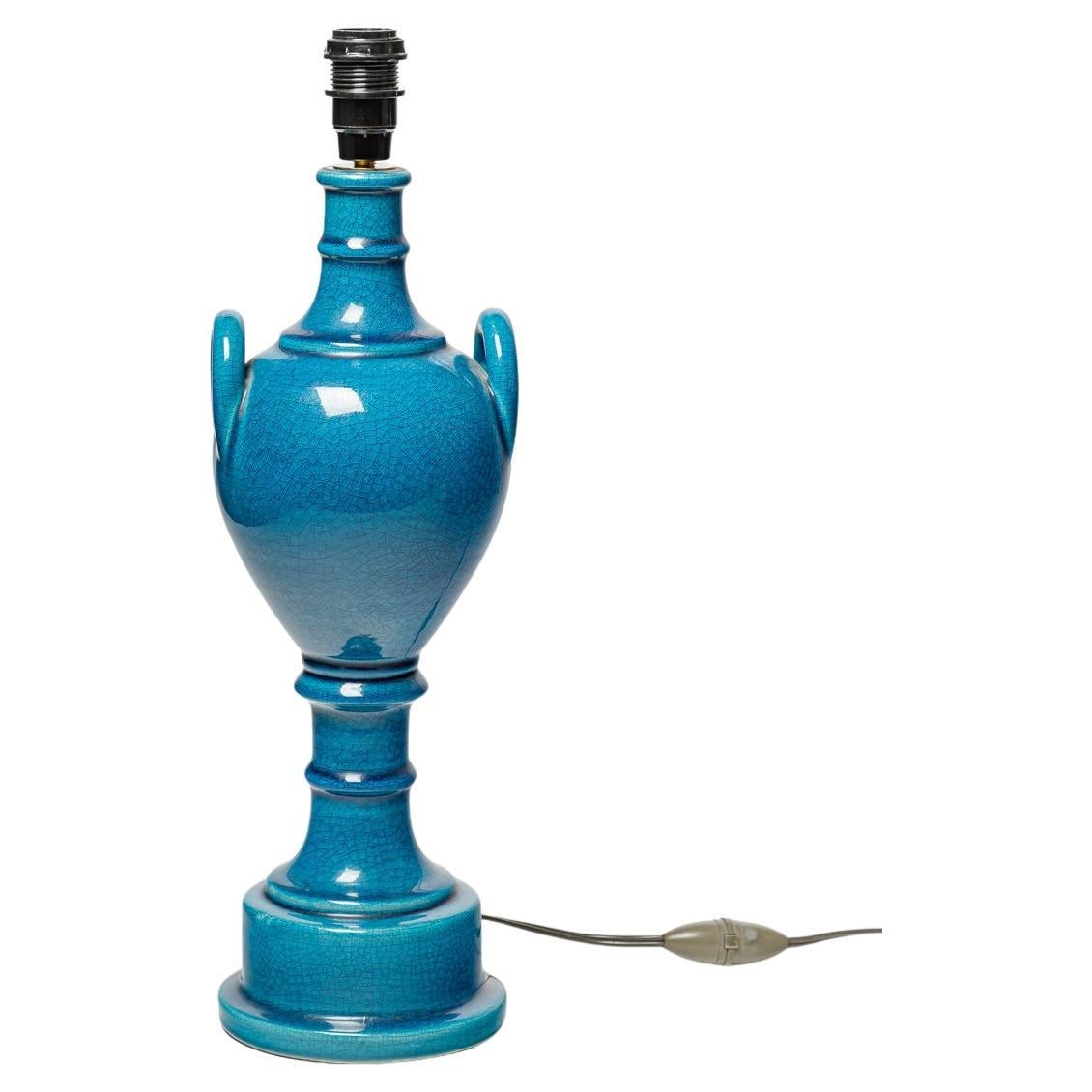 Pol Chambost Lampada da tavolo in ceramica medicata blu 1960 37 cm