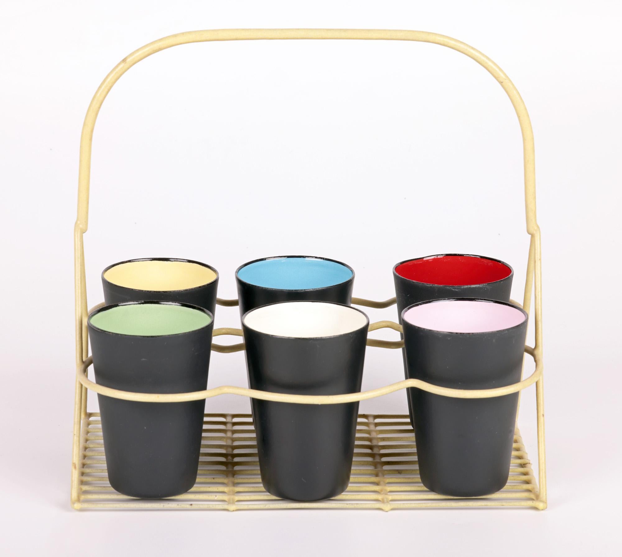 Mid-Century Modern Pol Chambost Attributed Mid-Century Six Color Glazed Ceramic Beakers For Sale