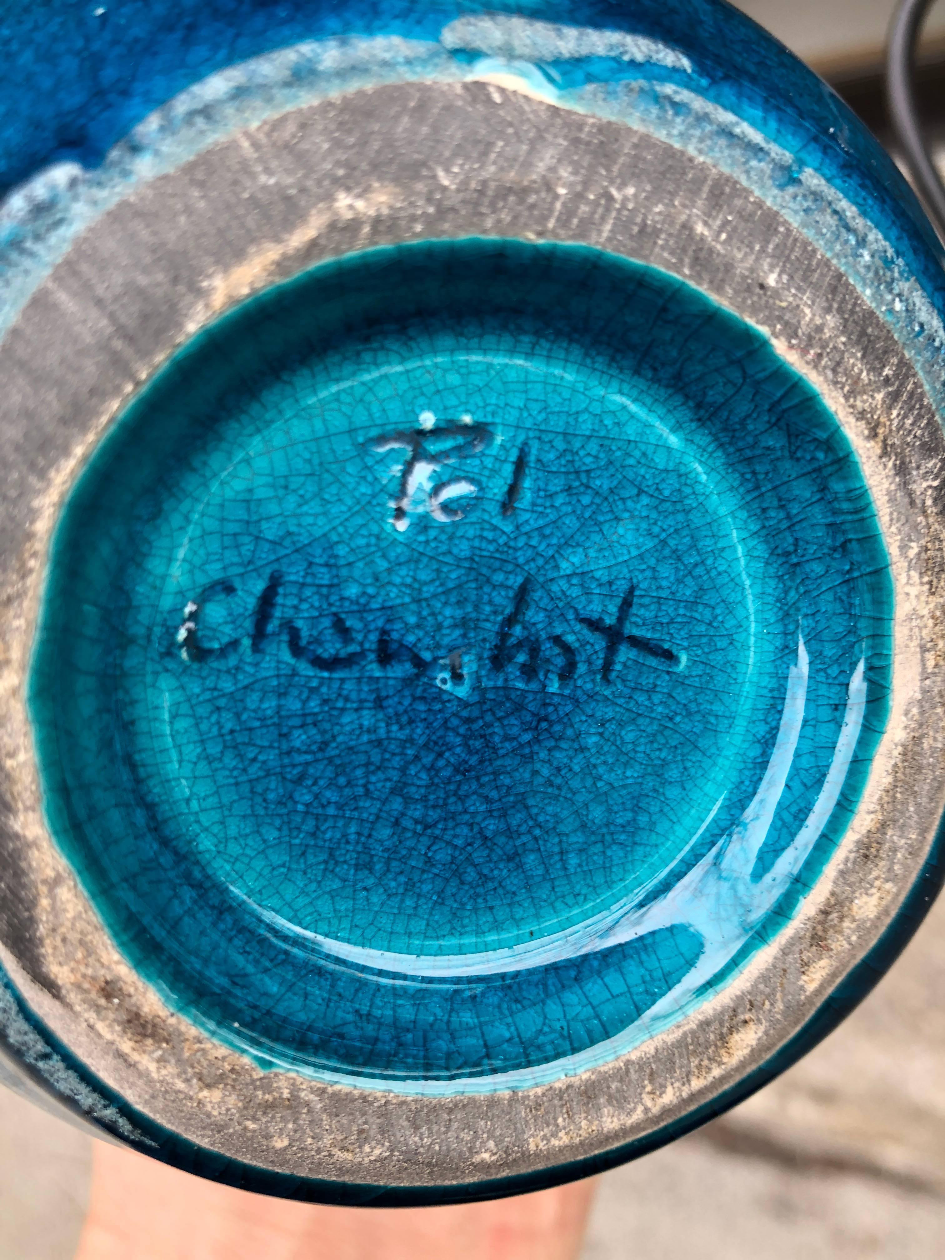 Lampe craqueleur bleue Pol Chambost avec abat-jour d'origine ; signée Bon état - En vente à Brooklyn, NY