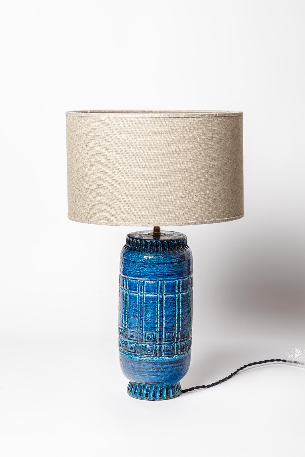 Pol Chambost Blue XXth Century Ceramic Table Lamp Lighting Design Model 1307 In Excellent Condition For Sale In Neuilly-en- sancerre, FR