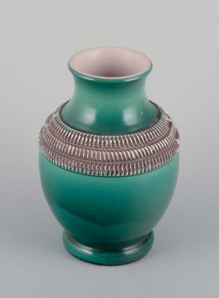 Modern Pol Chambost, French ceramist. Ceramic vase with green glaze, 1940s For Sale