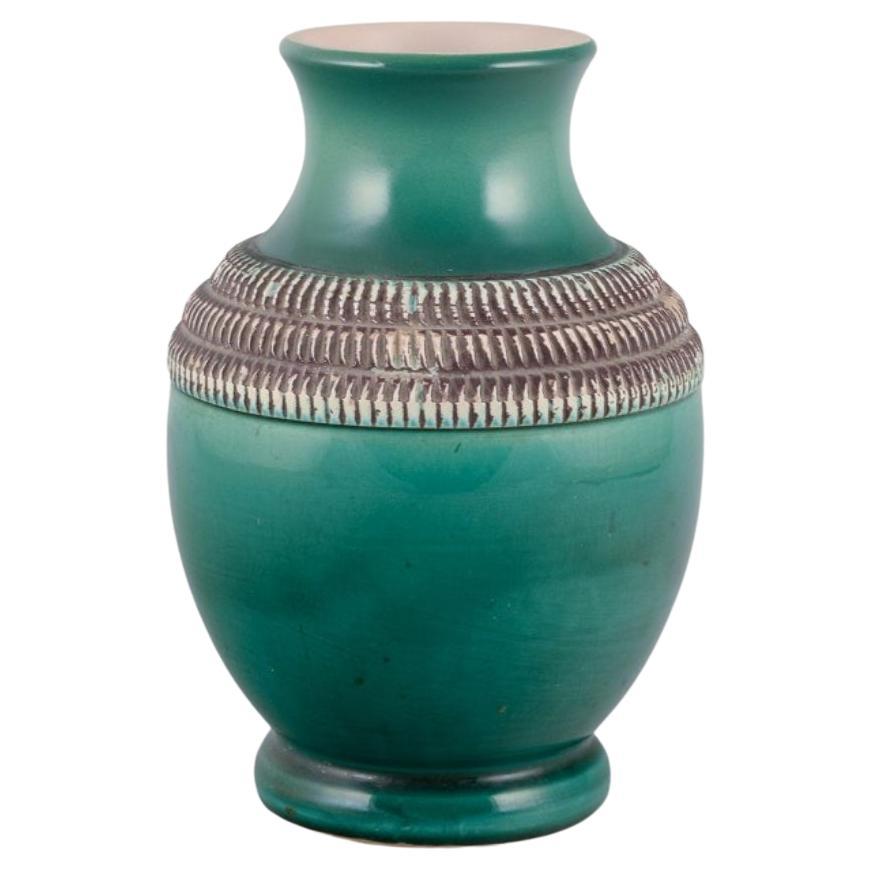 Pol Chambost, French ceramist. Ceramic vase with green glaze, 1940s For Sale