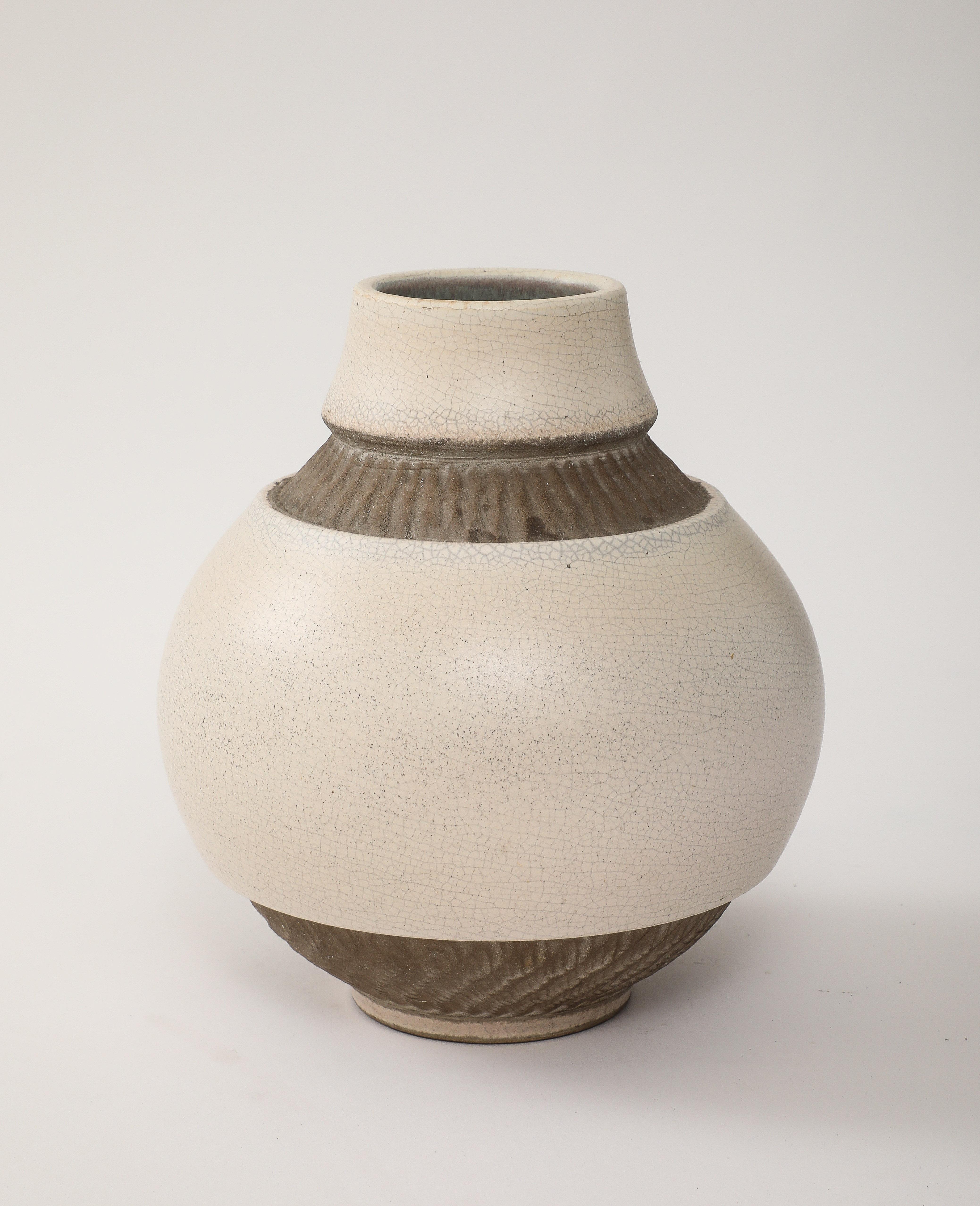 French Pol Chambost Off White Crackle Vase, Brown Incised Bands, France, 1940, signed For Sale