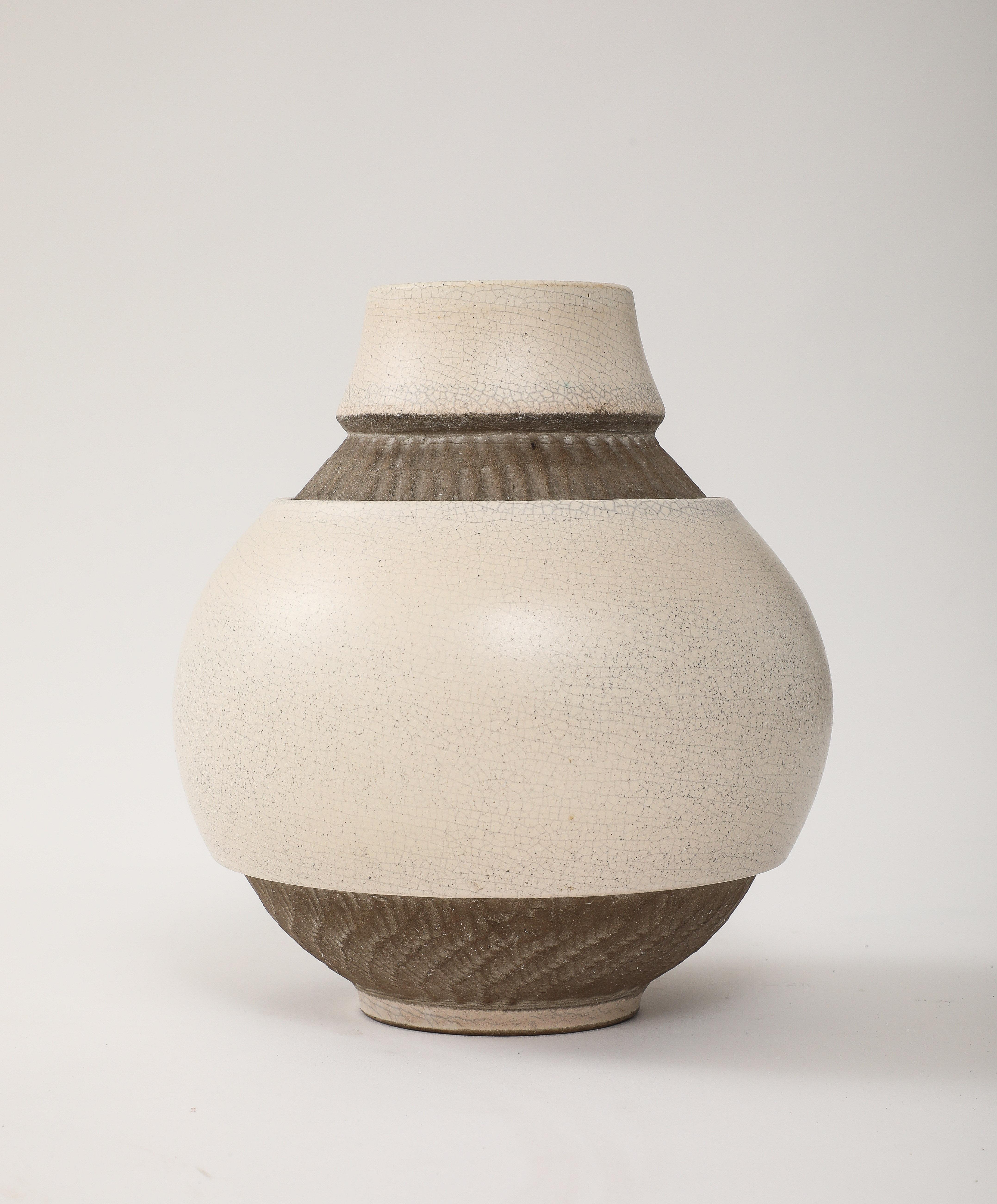Mid-20th Century Pol Chambost Off White Crackle Vase, Brown Incised Bands, France, 1940, signed For Sale