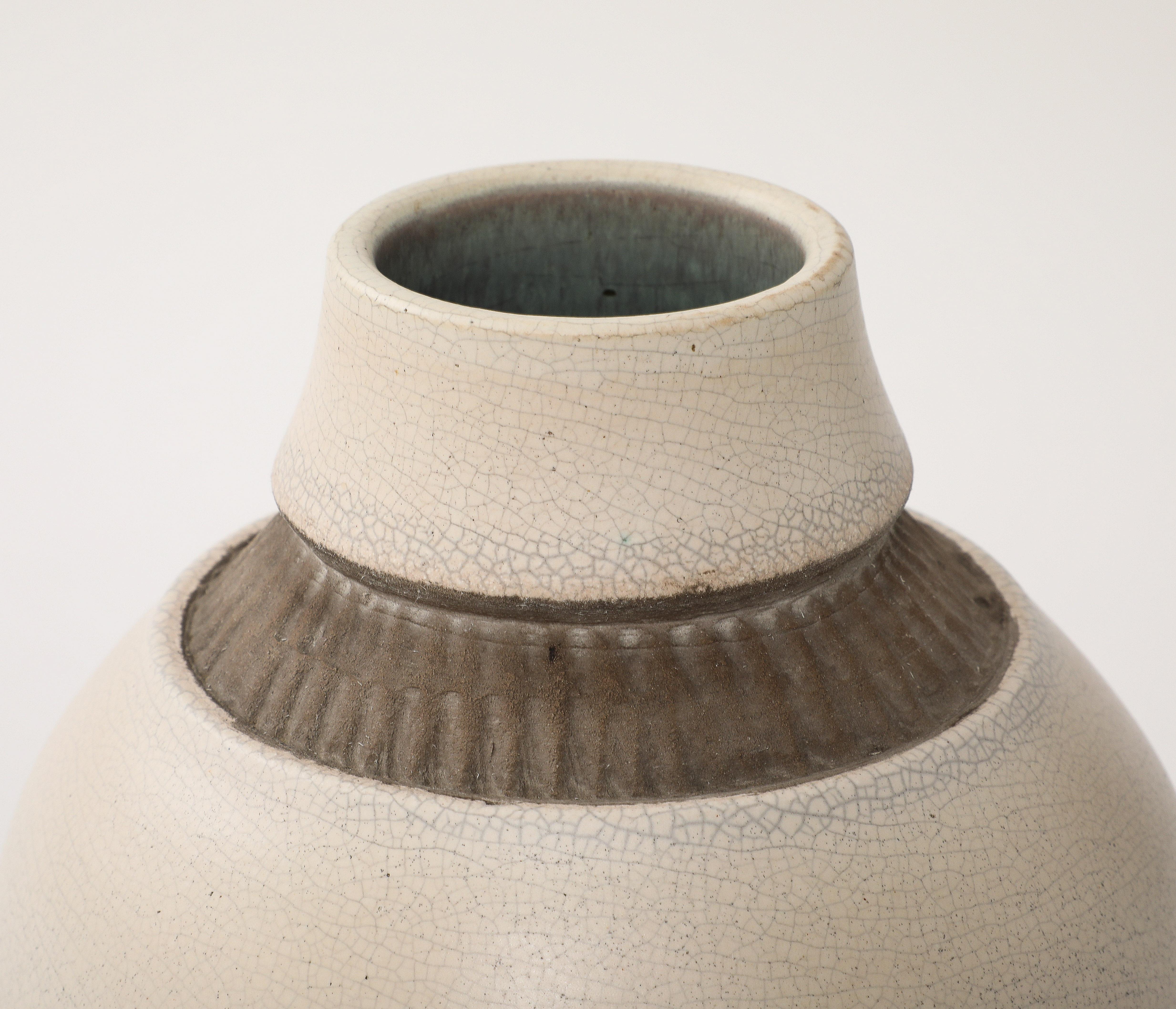 Ceramic Pol Chambost Off White Crackle Vase, Brown Incised Bands, France, 1940, signed For Sale