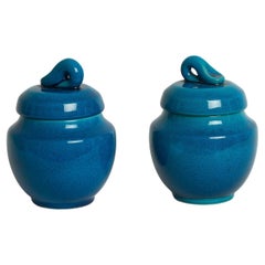 Pol Chambost Pair of Blue Ceramic decorative Boxes 