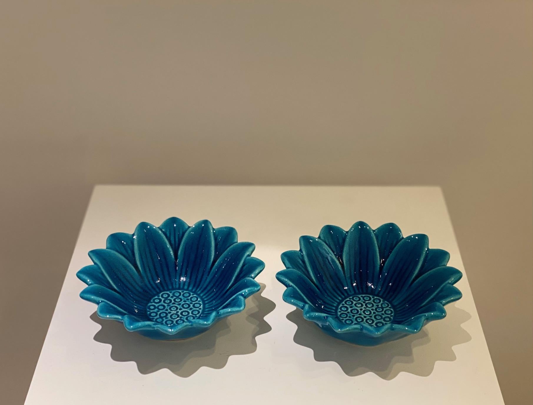 Mid-20th Century Pol Chambost Pair of Blue Ceramic decorative flower cups 1960's