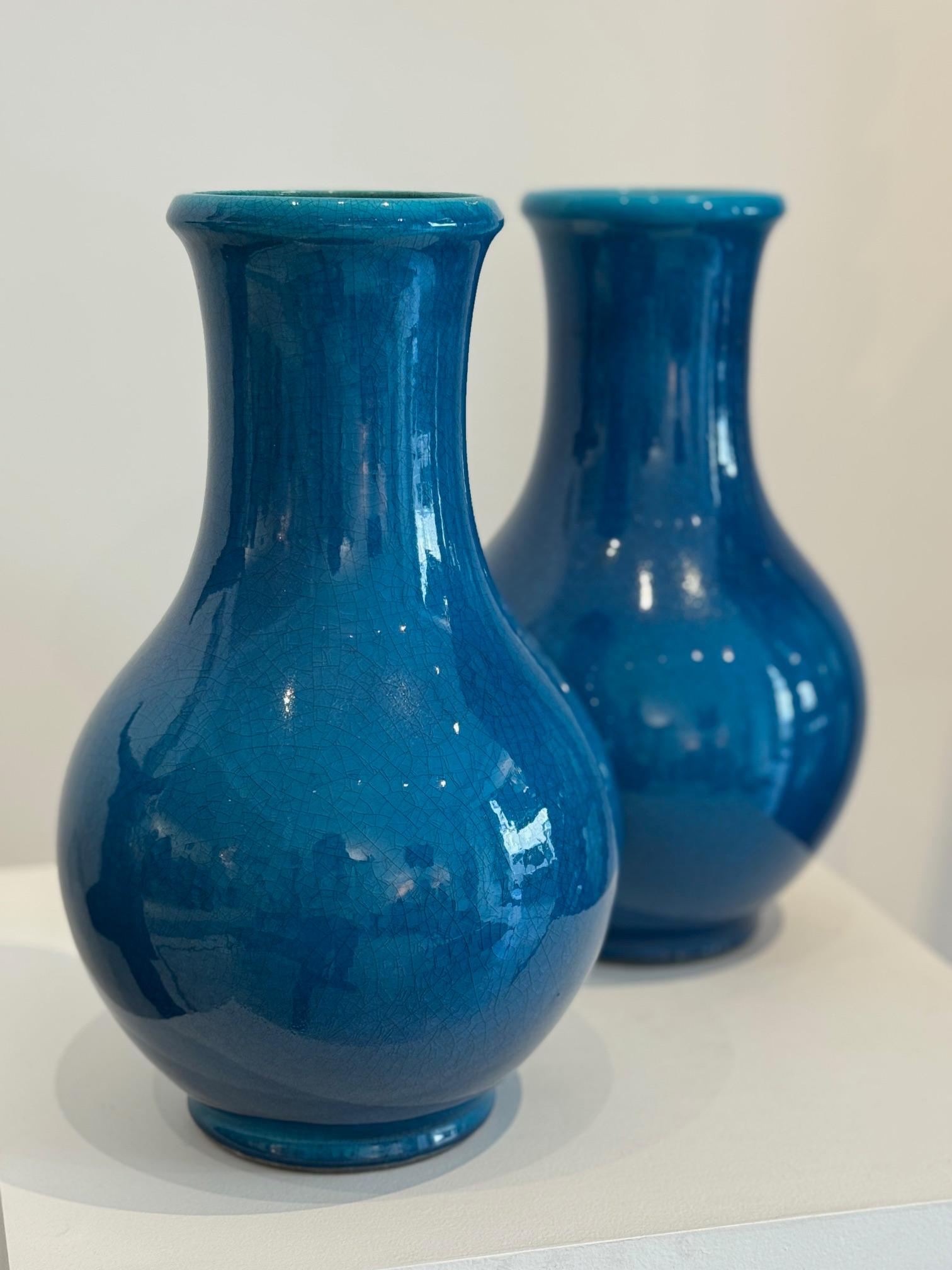 French Pol Chambost Pair of Blue Ceramic Vases 
