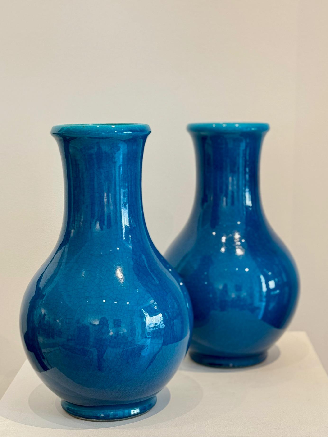 Late 20th Century Pol Chambost Pair of Blue Ceramic Vases 