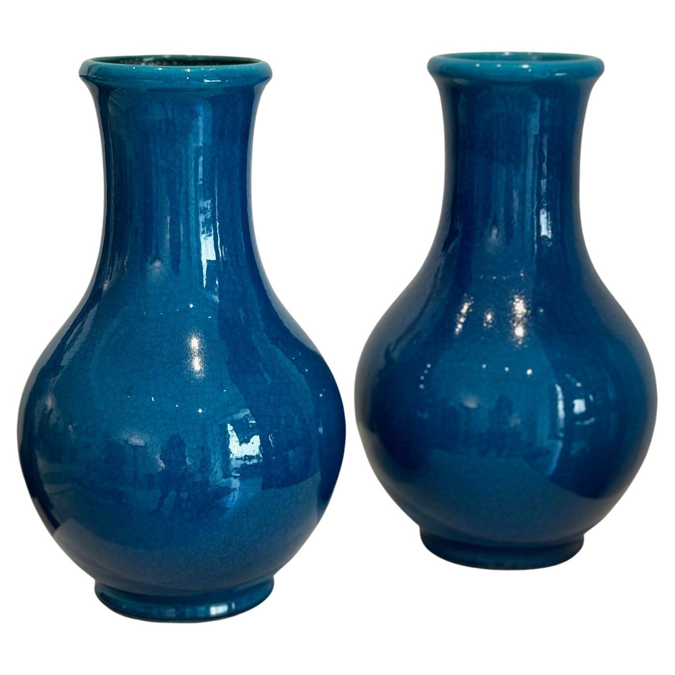 Pol Chambost Pair of Blue Ceramic Vases "Balustre" 1970's For Sale