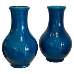 Pol Chambost Paire de vases en céramique bleue "Balustre" 1970's