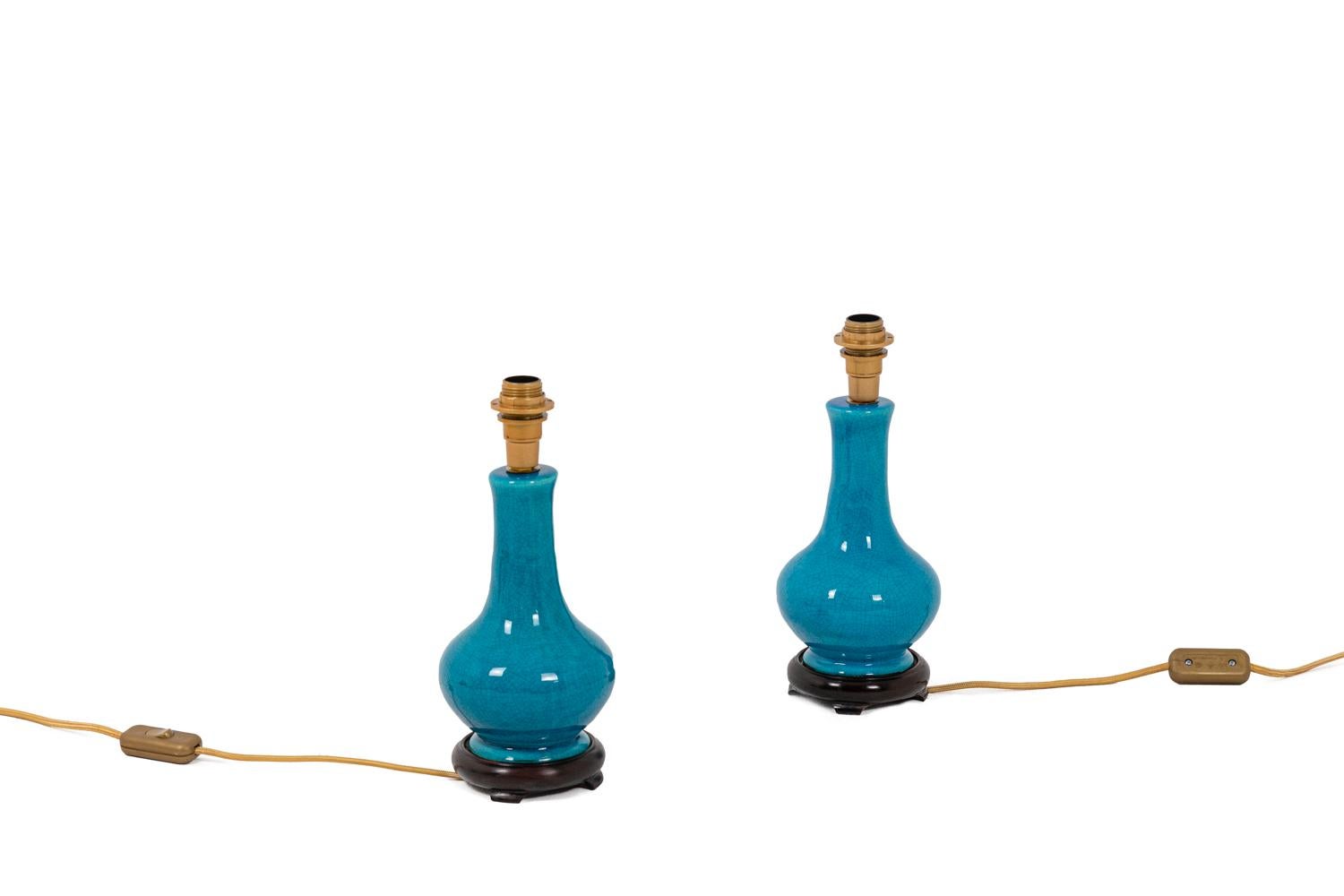 Other Pol Chambost, Pair of Lamps in Ceramics and Gilt Bronze, 20th Century For Sale