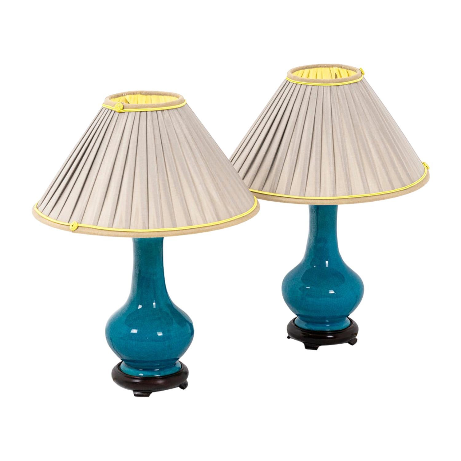 Pol Chambost, Pair of Lamps in Ceramics and Gilt Bronze, 20th Century For Sale