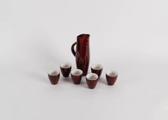 Pol Chambost, Pitcher and Six Cups with Red and White Glaze, France, 1972