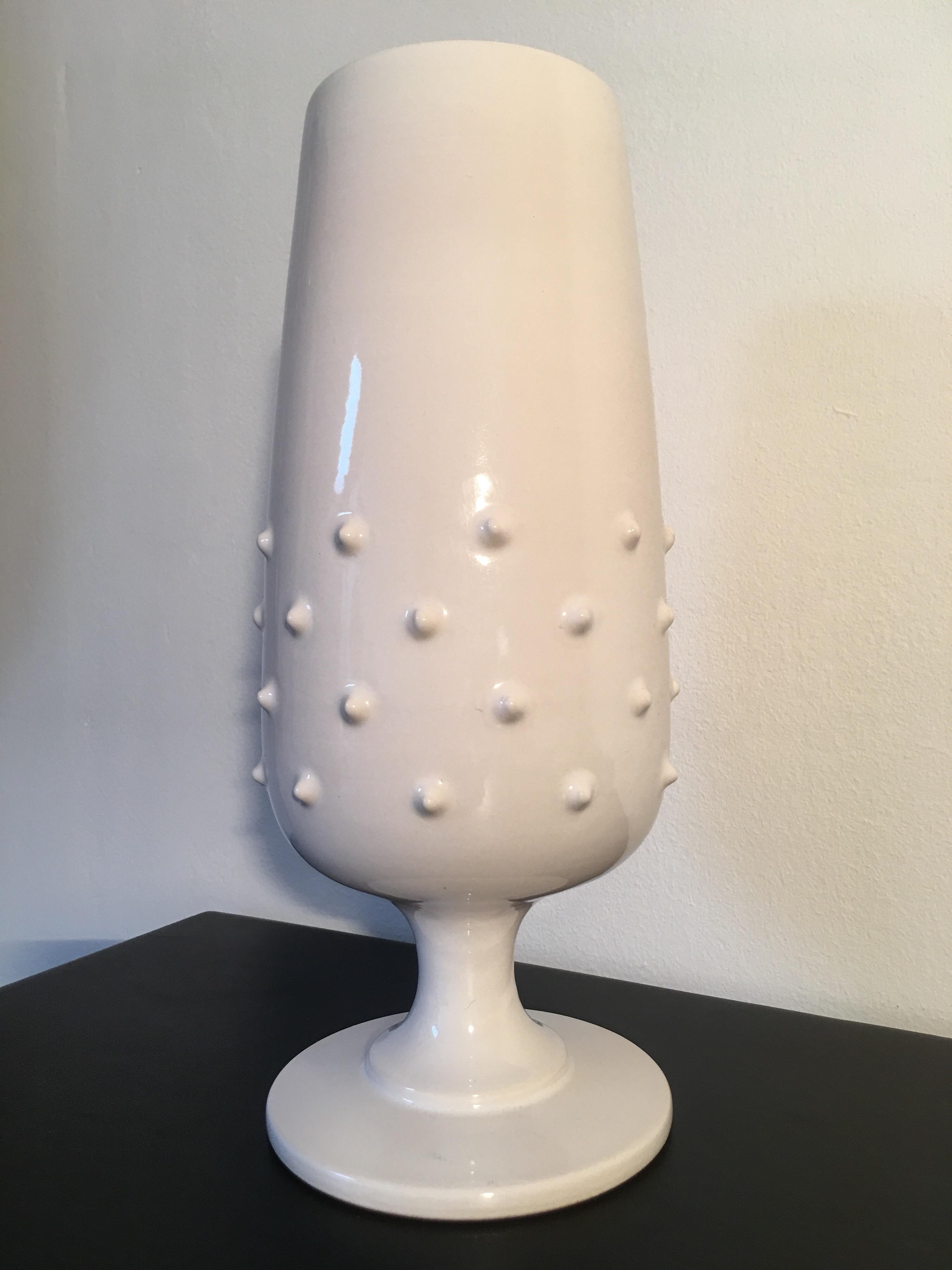Enameled Pol Chambost Signed Large White enamelled Ceramic Vase, French, 1950s For Sale