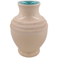 Vase en céramique blanche et turquoise de Pol Chambost, France, 1940