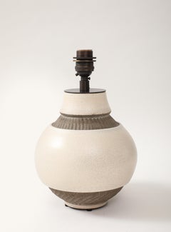 Pol Chambost White & Brown Ceramic Lamp, France, c. 1930