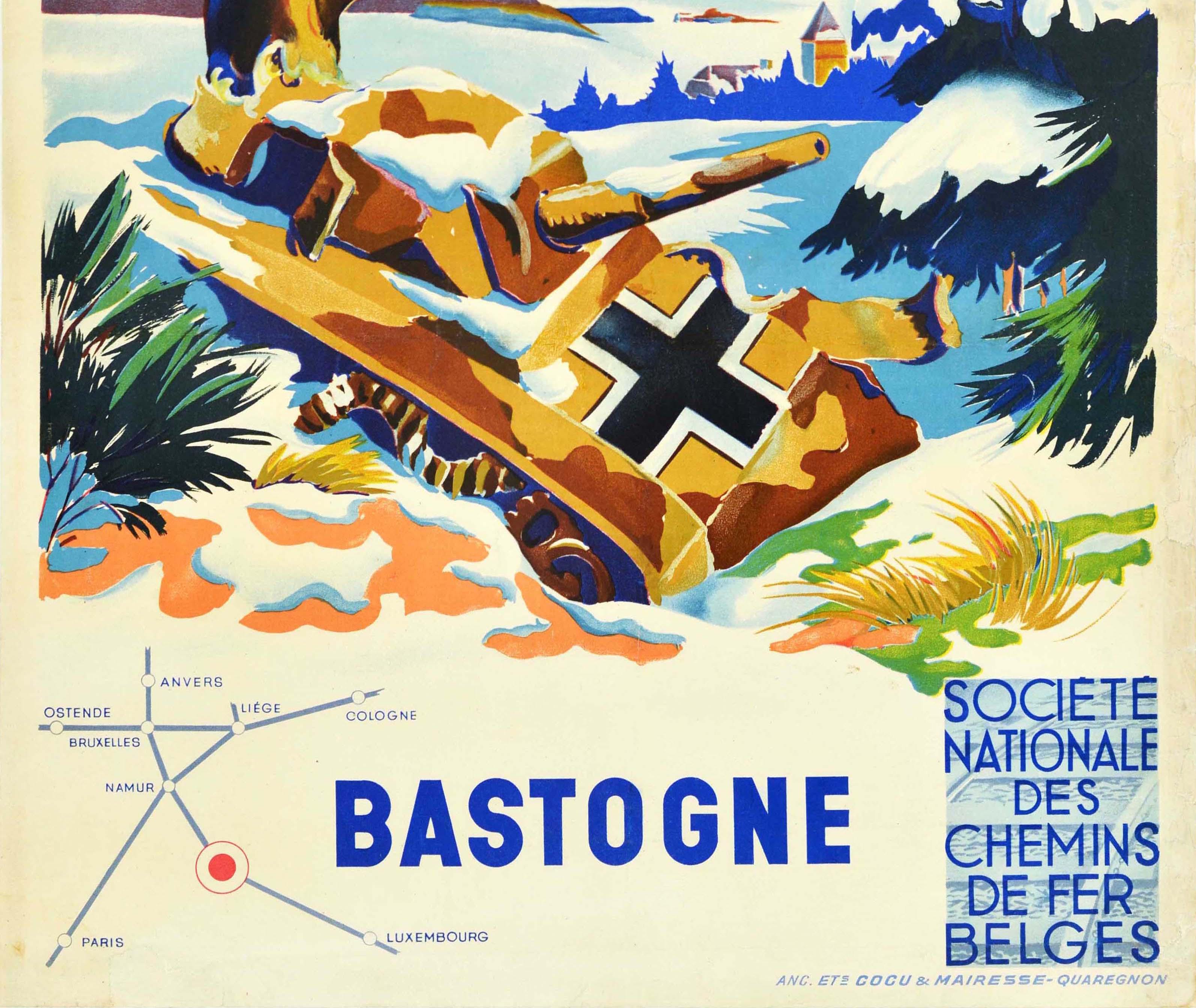 Original Vintage Post-WWII Travel Poster Bastogne Belgian National Railway Tank For Sale 1