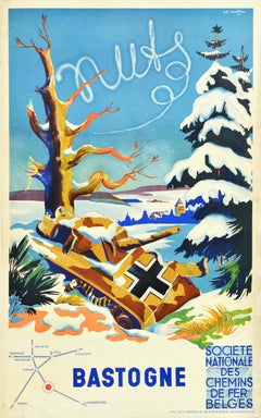 Poster di viaggio originale del secondo dopoguerra Bastogne, ferrovia nazionale belga, carro armato