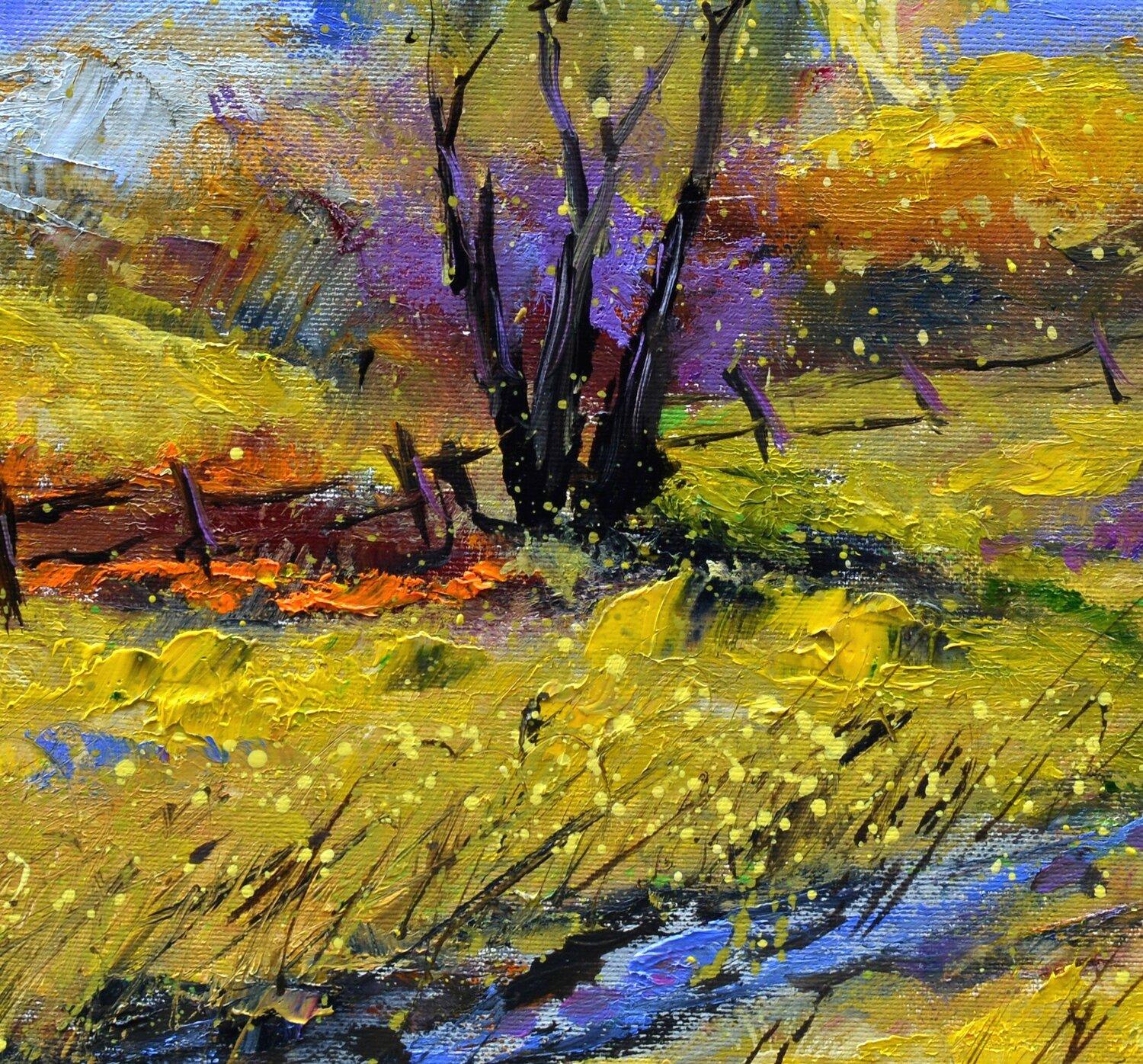 A yellow tree Impressionism Landscape - BELGIAN SCHOOL AUC - Yellow Landscape Painting by Pol Ledent