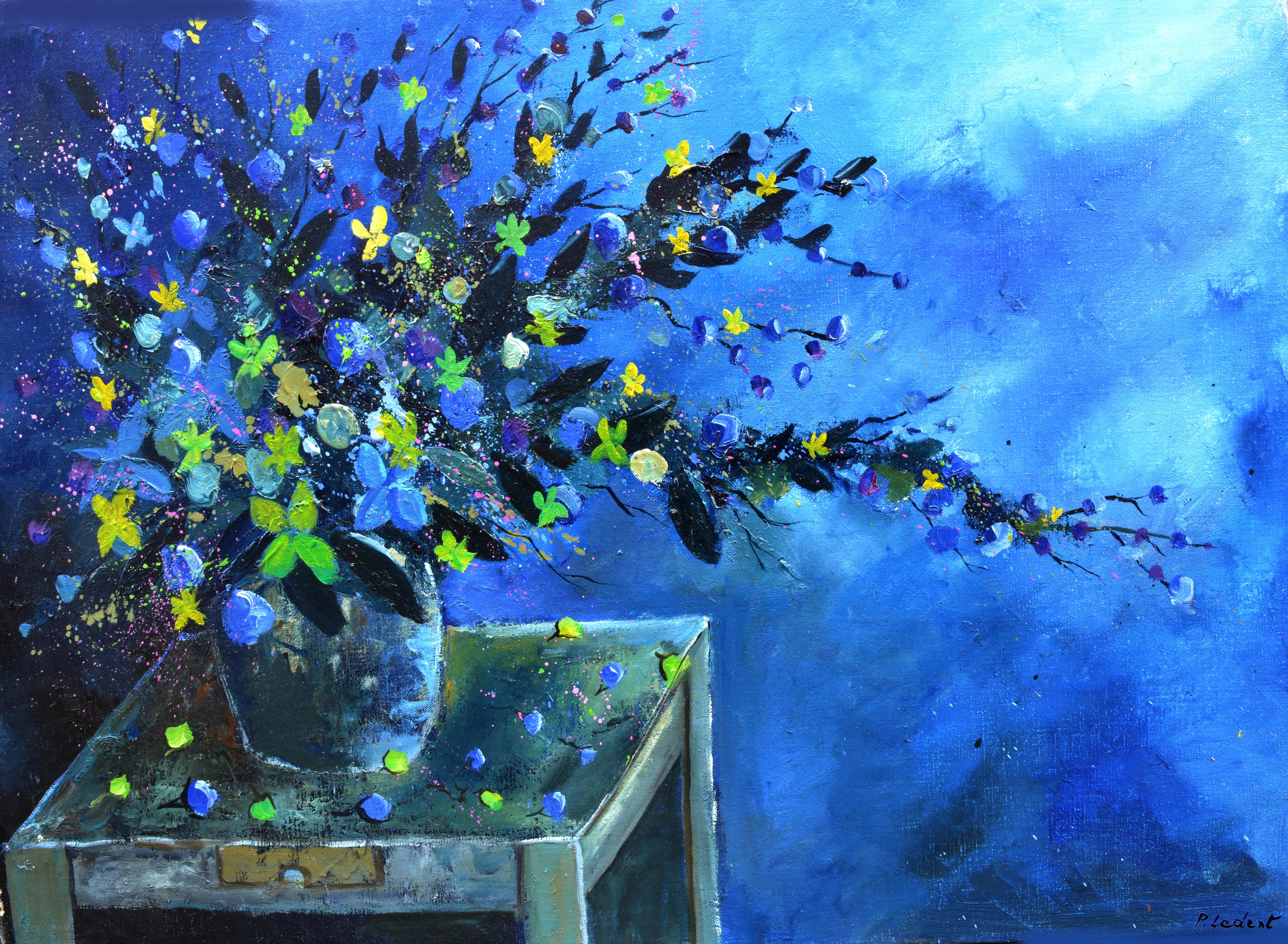 Pol Ledent Still-Life Painting - Blue still life, Original Still Life Painting