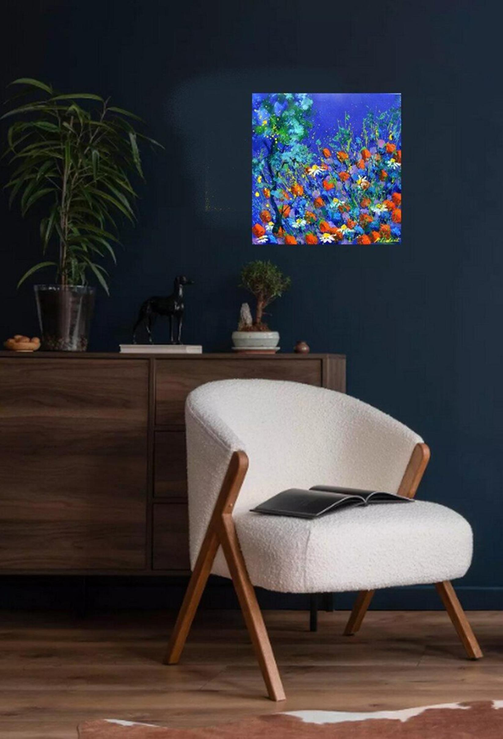 Papaveri rossi 4423 Paesaggio impressionista - SCUOLA BELGA AUC - Abstract Painting Blu di Pol Ledent