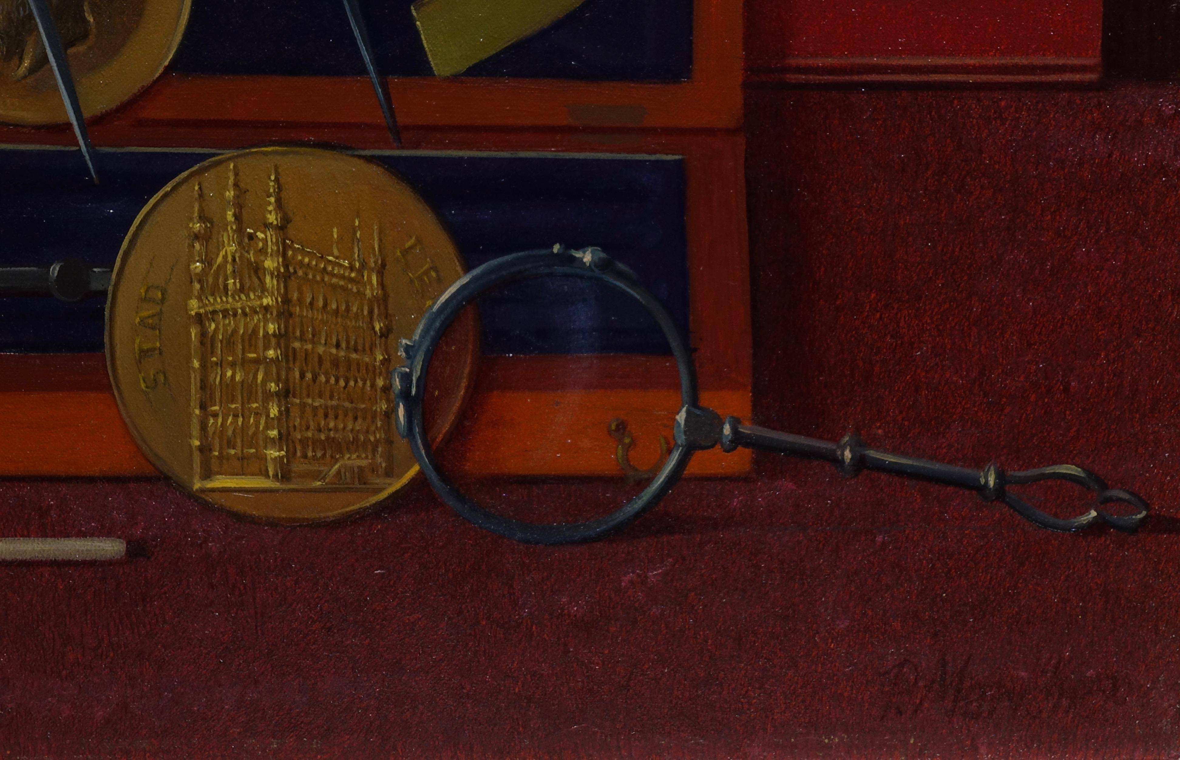 Pol Mariën (1932) 
Les attributs du graveur 
huile sur toile marouflée sur panneau
signé
30 x 40 cm

