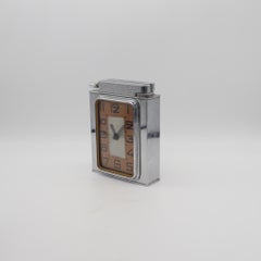 Polaire Paris 1938 Art Deco Table Desk Petrol Lighter-Clock In Chromed Steel