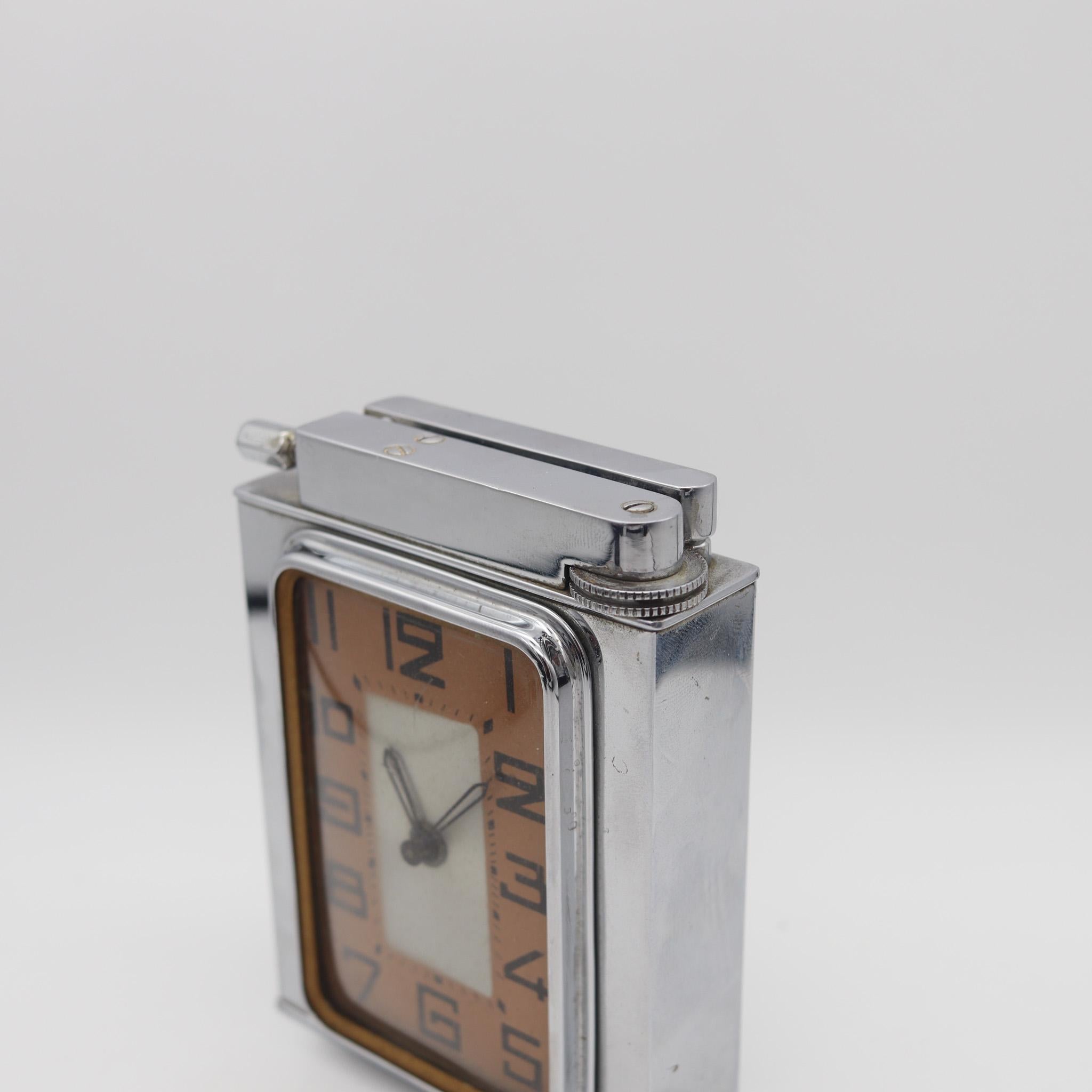 French Polaire Paris 1938 Art Deco Table Desk Petrol Lighter-Clock In Chromed Steel For Sale