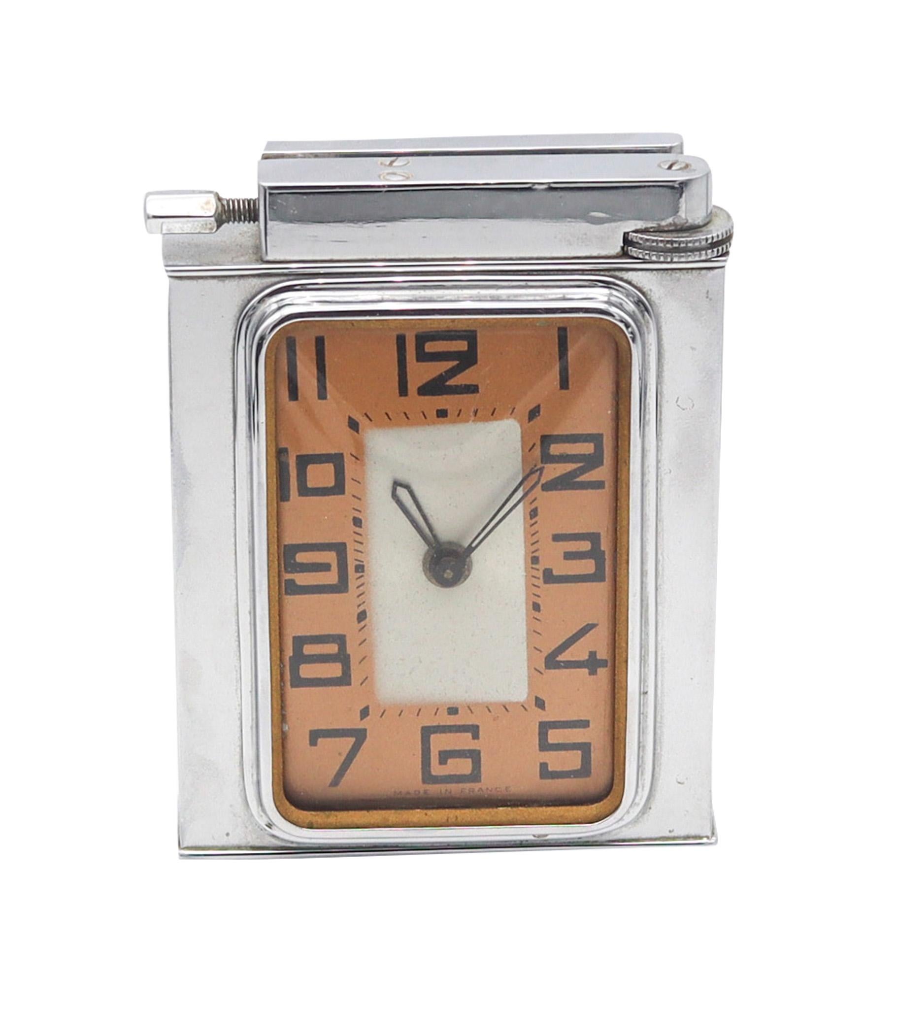 Polaire Paris 1938 Art Deco Table Desk Petrol Lighter-Clock In Chromed Steel For Sale