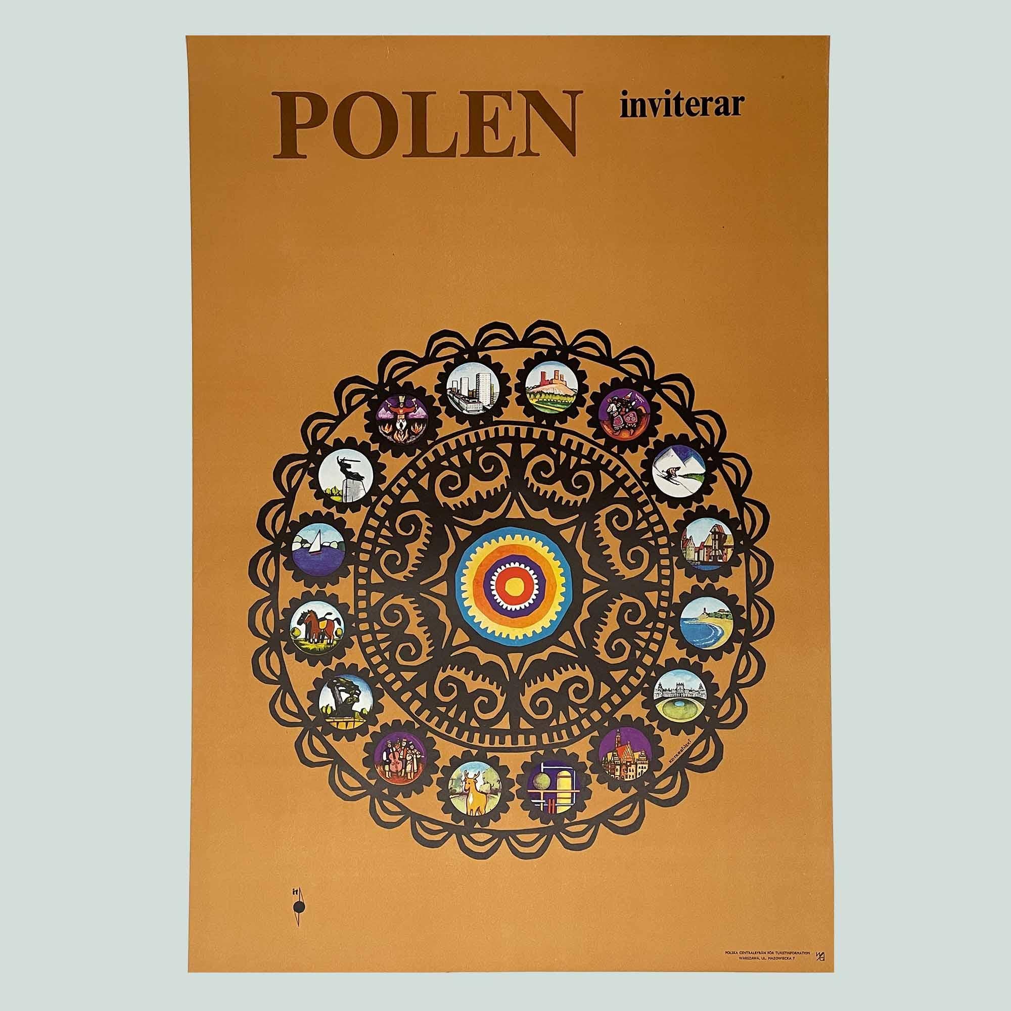 Exquisite and intricately illustrated Polish tourist poster from the 1960s, designed by Polish artist Jan Kotarbinski. Polen Inviterar translates as ‘Poland Invites You’.

Polish B1 size: 67 x 97.5 cm

Condition: excellent