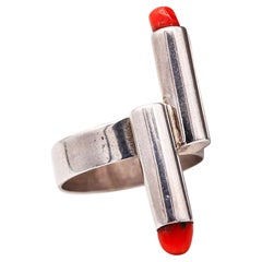POLAND STUDIO 1970 Geometrischer modernistischer Ring aus 925 Sterlingsilber mit Korallen, POLAND STUDIO