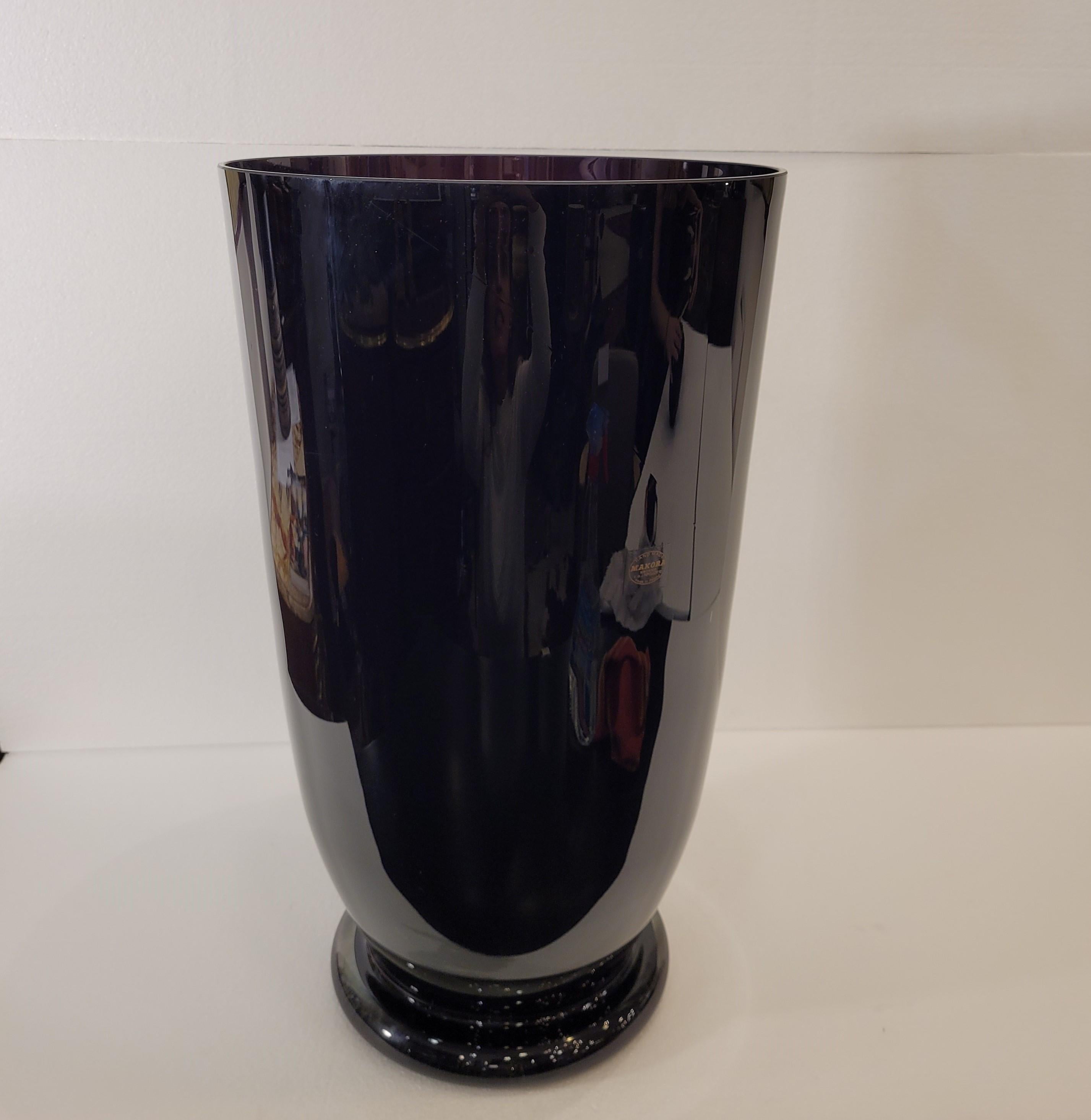 Crystal Poland Vintage Black Makora Glass Vase, 70s. label For Sale