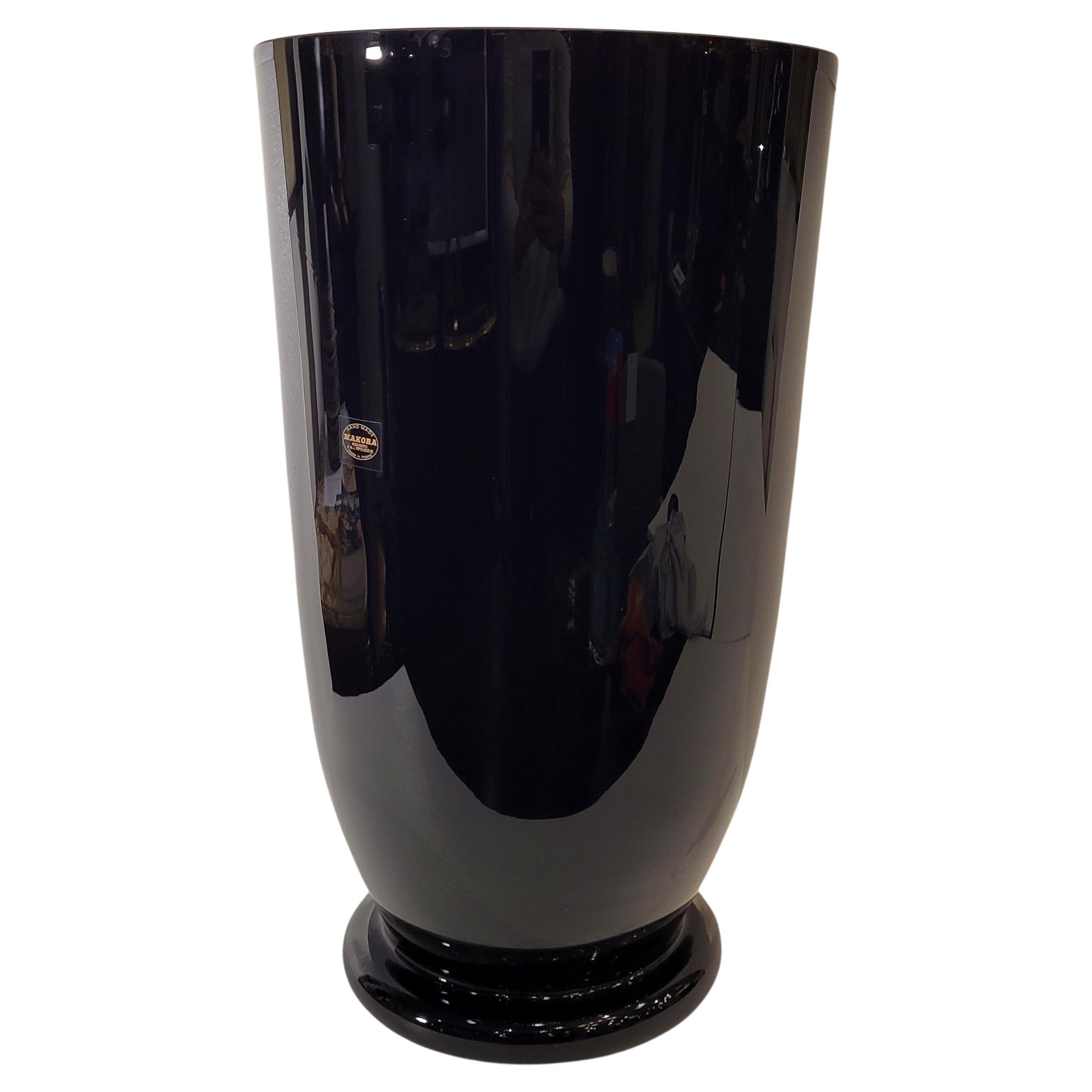 Poland Vintage Black Makora Glass Vase, 70s. label For Sale