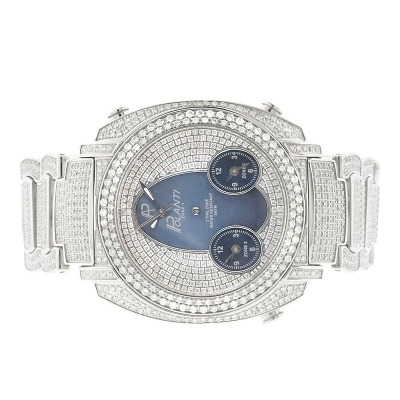 Polanti 3 Time Zone, Stainless Steel, 46mm Case, Black Mother of Pearl Dial with 3 Sub dials, Date in the middle of the Dial, Sapphire Crystal, Stainless Steel Pave-set Bezel with Diamonds, Fully Loaded Oyster Bracelet with Diamonds. 16 Carat total